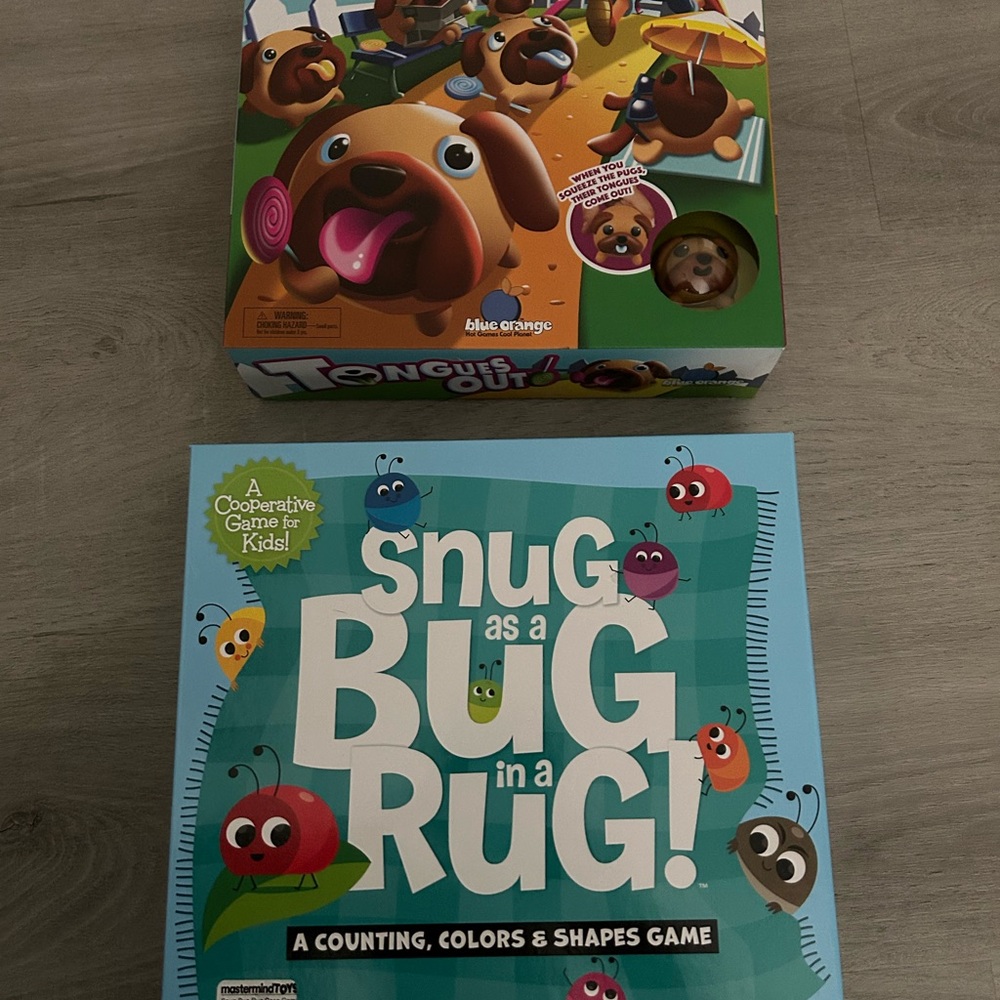 Kid board games - snug as a bug in a rug AND tongues out - brand new